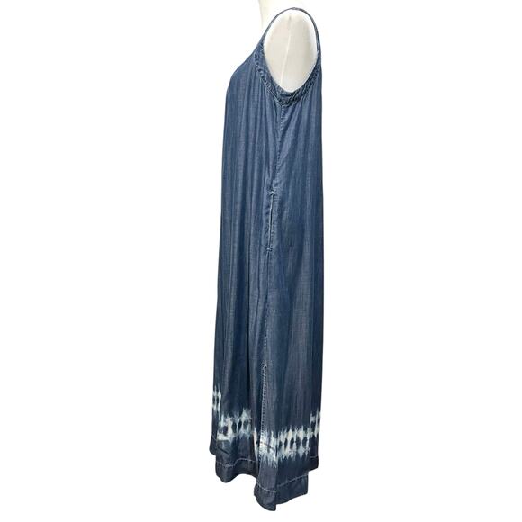 Chico's Chambray Blue Tencel Maxi Long Tank Dress Tie Dye Hem Pockets Sz M (2) - Picture 5 of 13